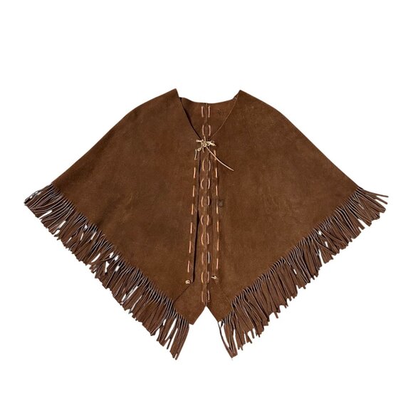 Vintage Suede Leather Poncho Western Brown Fringe Handmade Unisex Southwestern - Picture 2 of 10